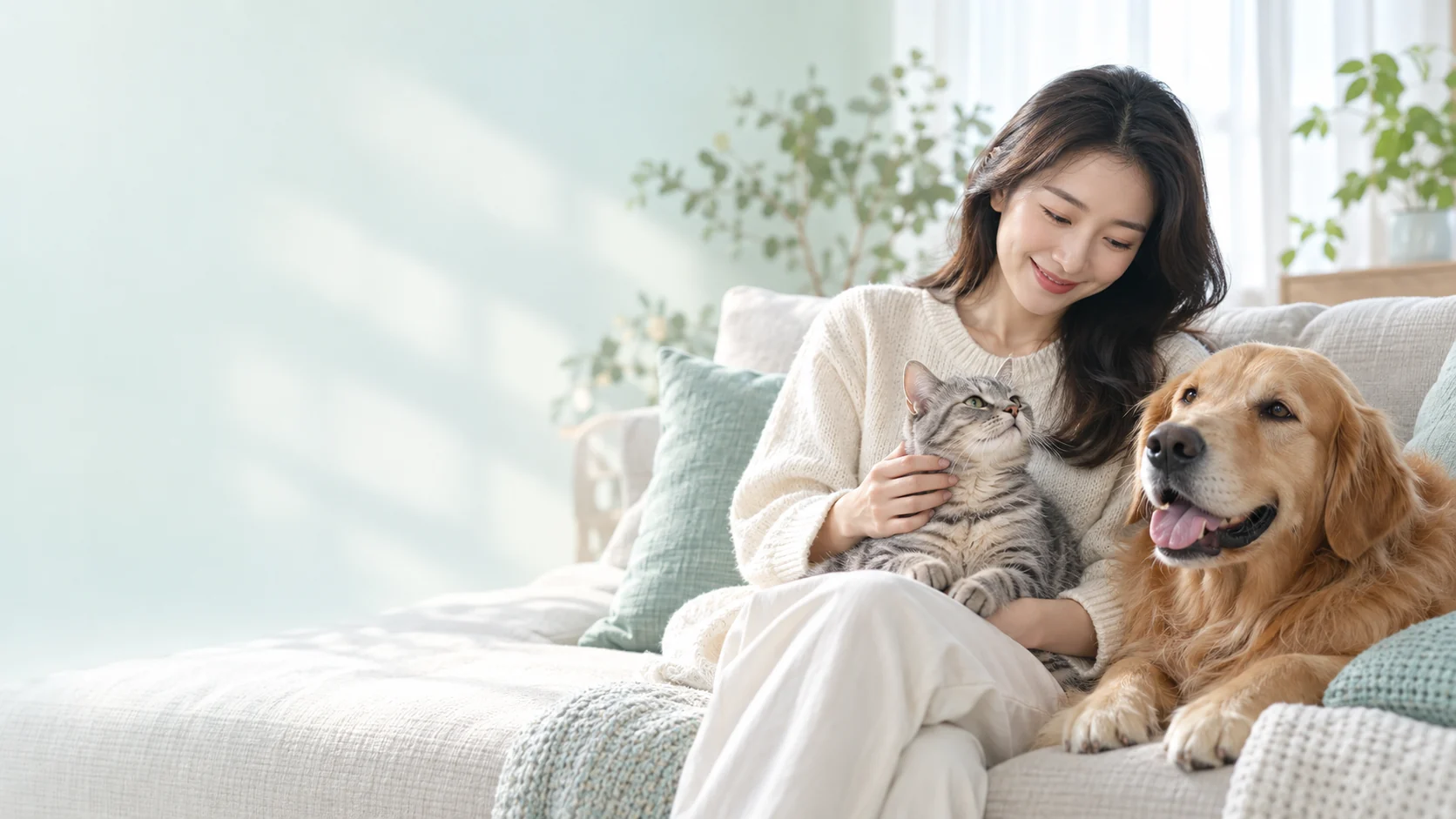 飼主陪伴犬貓的居家日常（AI 生成情境示意）