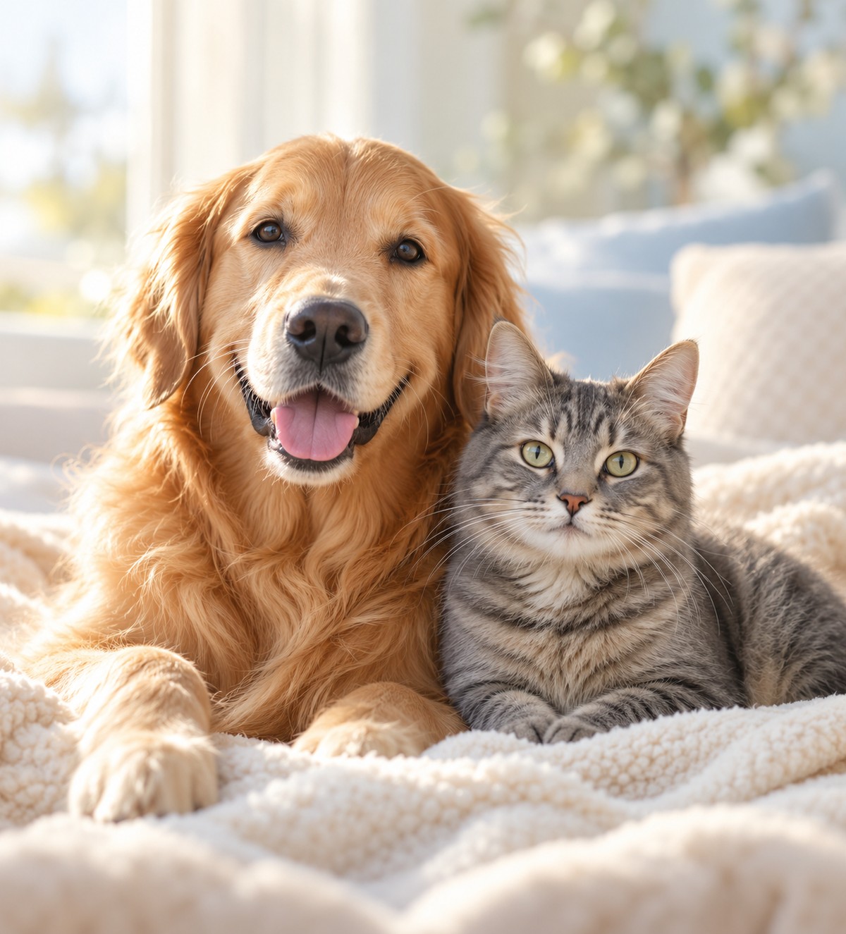 金色獵犬與灰虎斑貓相依,晨光(AI 生成示意)