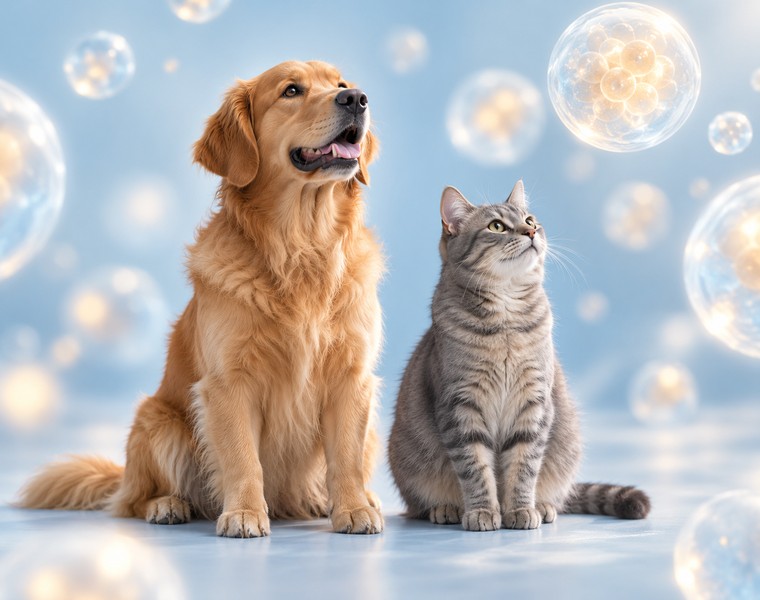 犬貓與細胞光球（AI 生成示意）