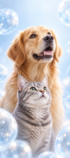 犬貓仰望細胞光球（AI 生成示意，直式構圖）